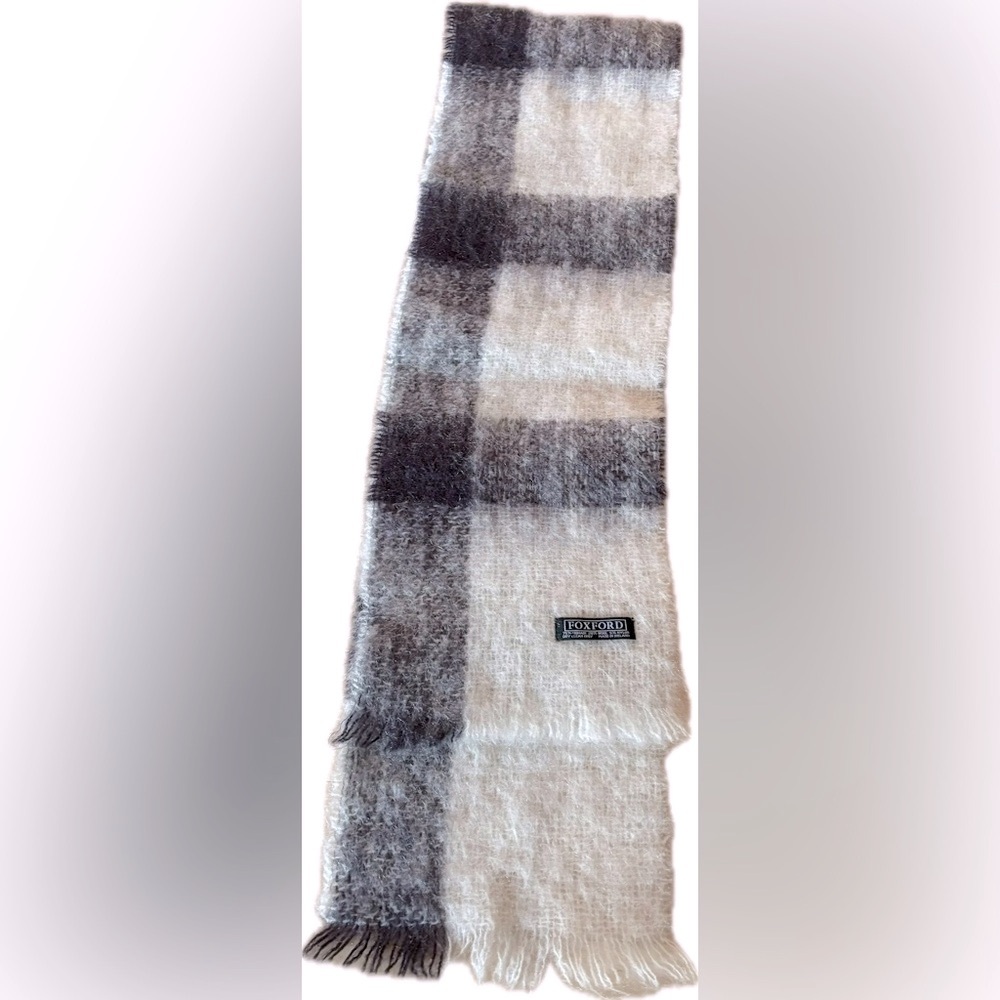 FOXFORD Mohair Wool Purple and Cream Plaid Scarf